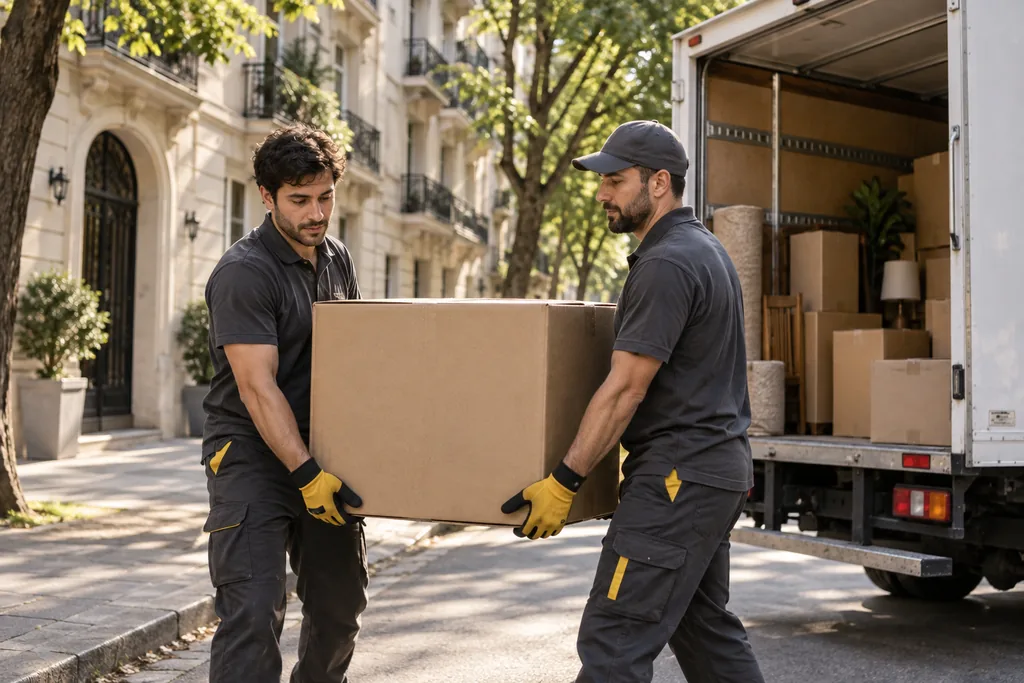 Escena ilustrativa de dos personas trasladando una caja junto a un camión de mudanzas.
